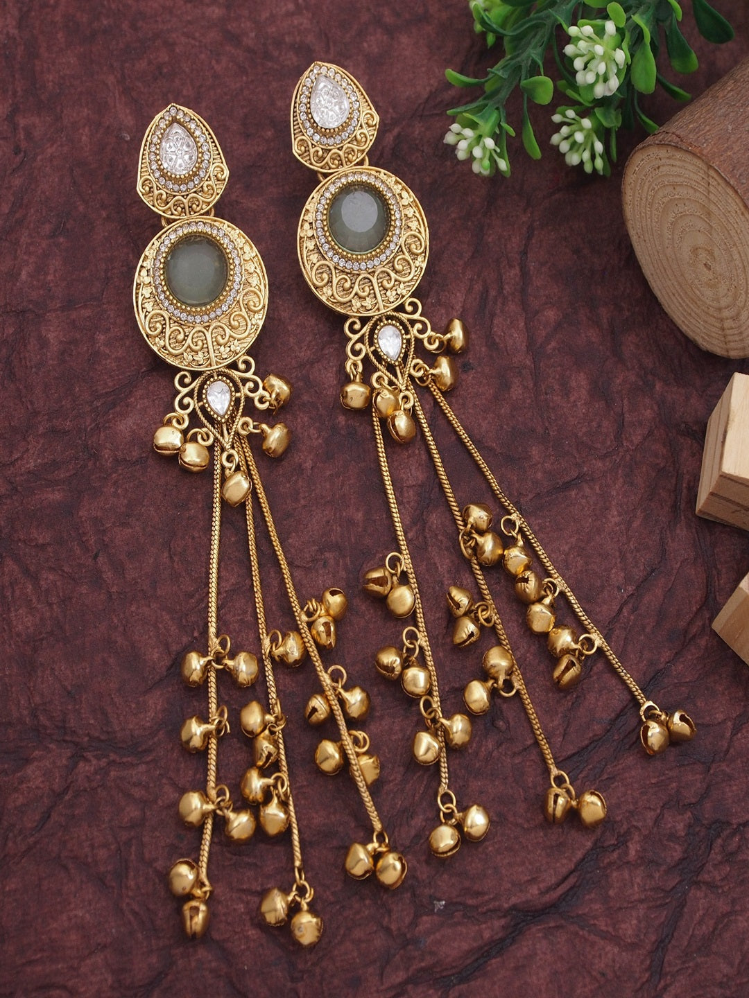 Gold-Plated Kashmiri Drop Long Earrings with Kundan Detailing & Ghungroo Work