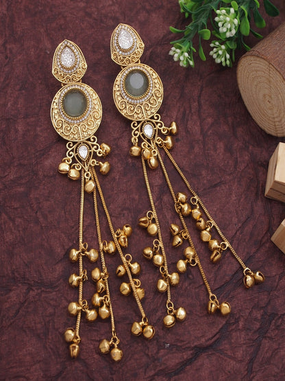 Gold-Plated Kashmiri Drop Long Earrings with Kundan Detailing & Ghungroo Work