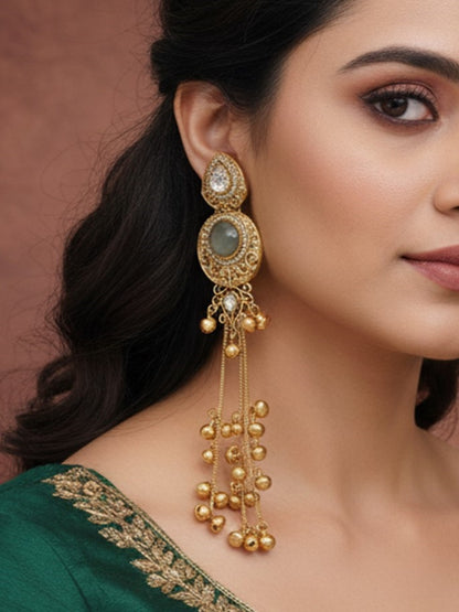 Gold-Plated Kashmiri Drop Long Earrings with Kundan Detailing & Ghungroo Work