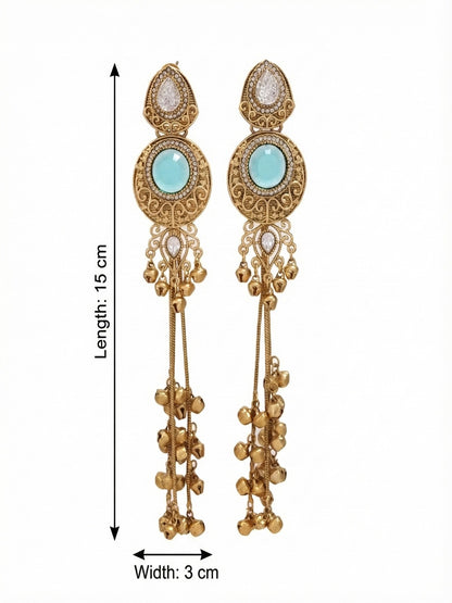 Gold-Plated Kashmiri Drop Long Earrings with Kundan Detailing & Ghungroo Work