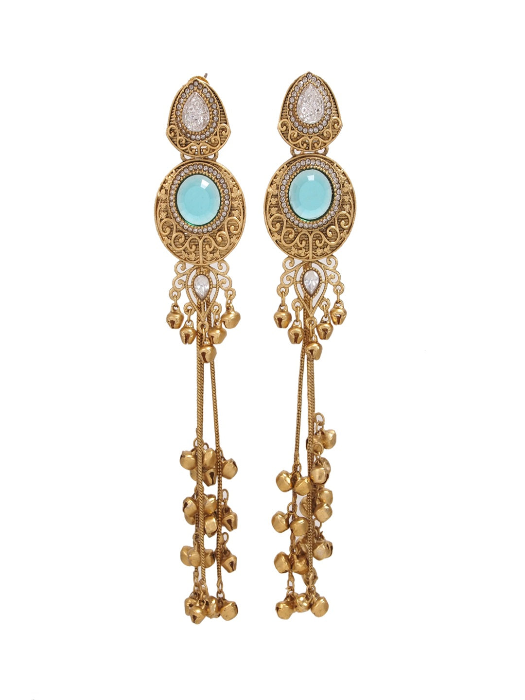 Gold-Plated Kashmiri Drop Long Earrings with Kundan Detailing & Ghungroo Work
