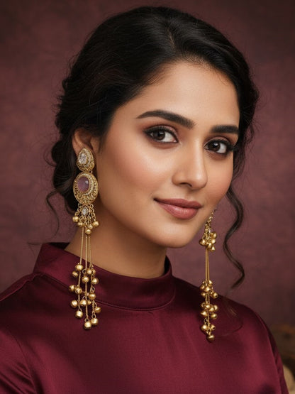 Gold-Plated Kashmiri Drop Long Earrings with Kundan Detailing & Ghungroo Work