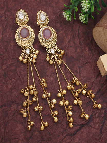 Gold-Plated Kashmiri Drop Long Earrings with Kundan Detailing & Ghungroo Work