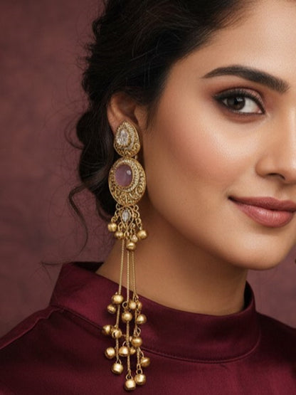 Gold-Plated Kashmiri Drop Long Earrings with Kundan Detailing & Ghungroo Work