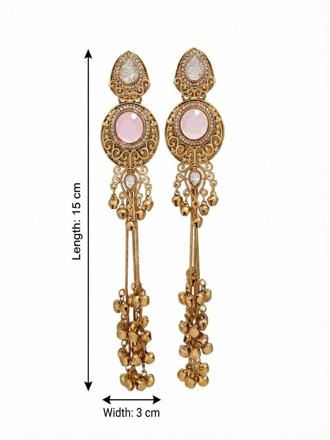 Gold-Plated Kashmiri Drop Long Earrings with Kundan Detailing & Ghungroo Work
