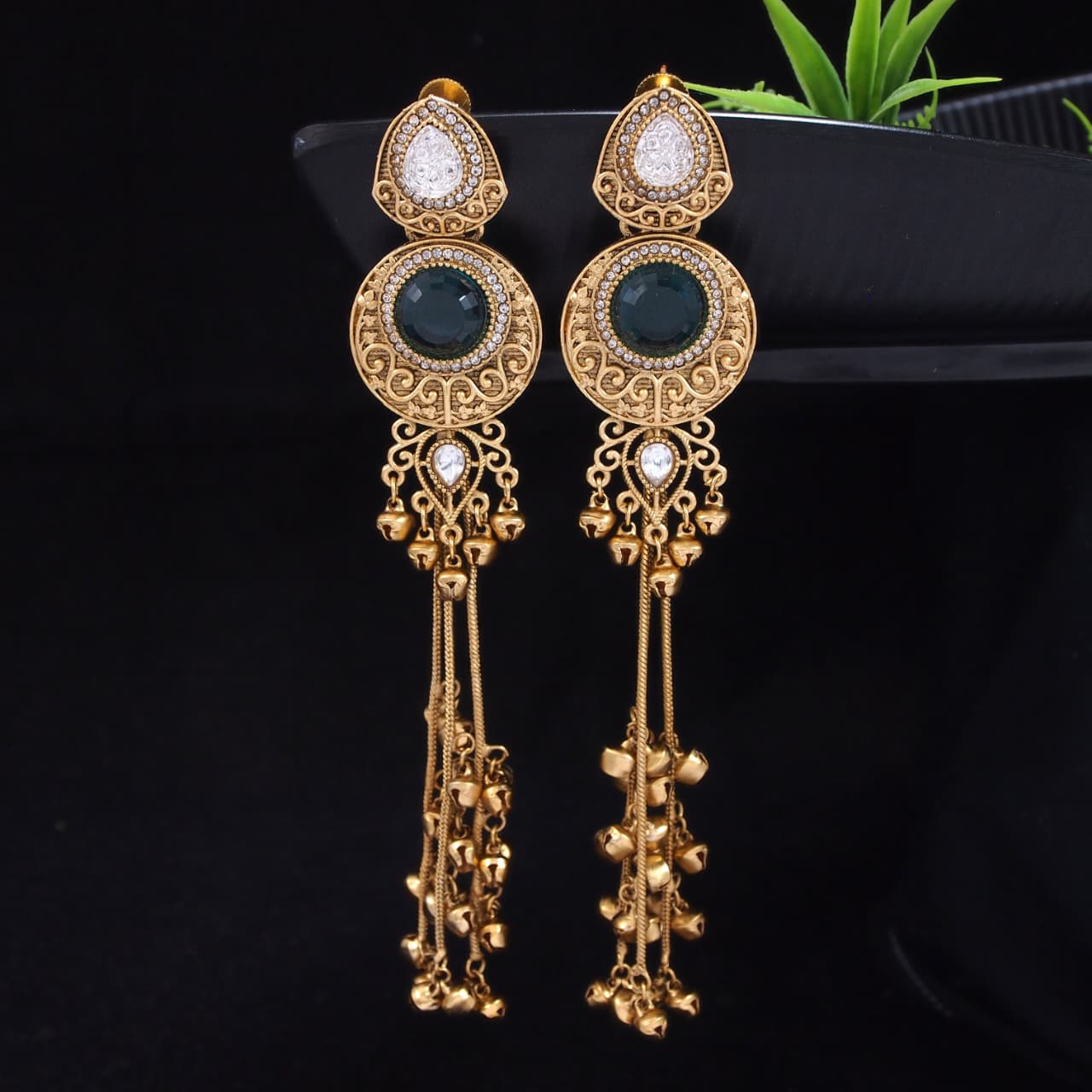 Gold-Plated Kashmiri Drop Long Earrings with Kundan Detailing & Ghungroo Work