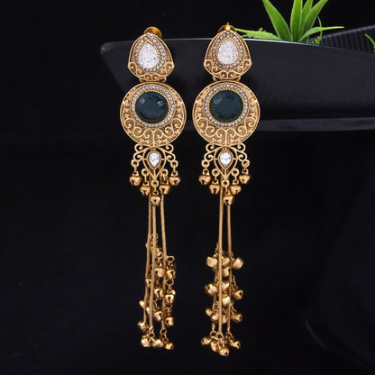 Gold-Plated Kashmiri Drop Long Earrings with Kundan Detailing & Ghungroo Work