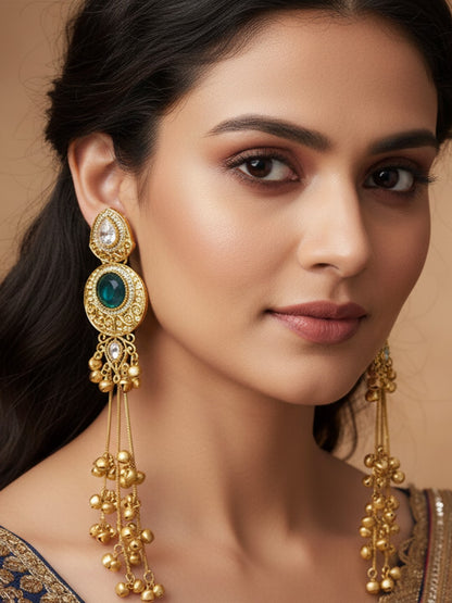 Gold-Plated Kashmiri Drop Long Earrings with Kundan Detailing & Ghungroo Work