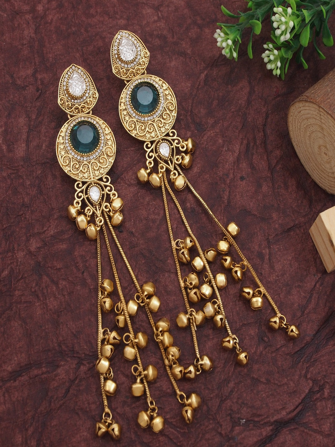 Gold-Plated Kashmiri Drop Long Earrings with Kundan Detailing & Ghungroo Work