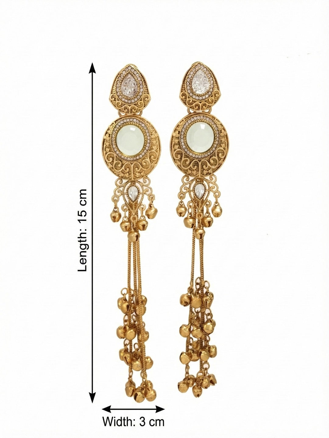 Gold-Plated Kashmiri Drop Long Earrings with Kundan Detailing & Ghungroo Work