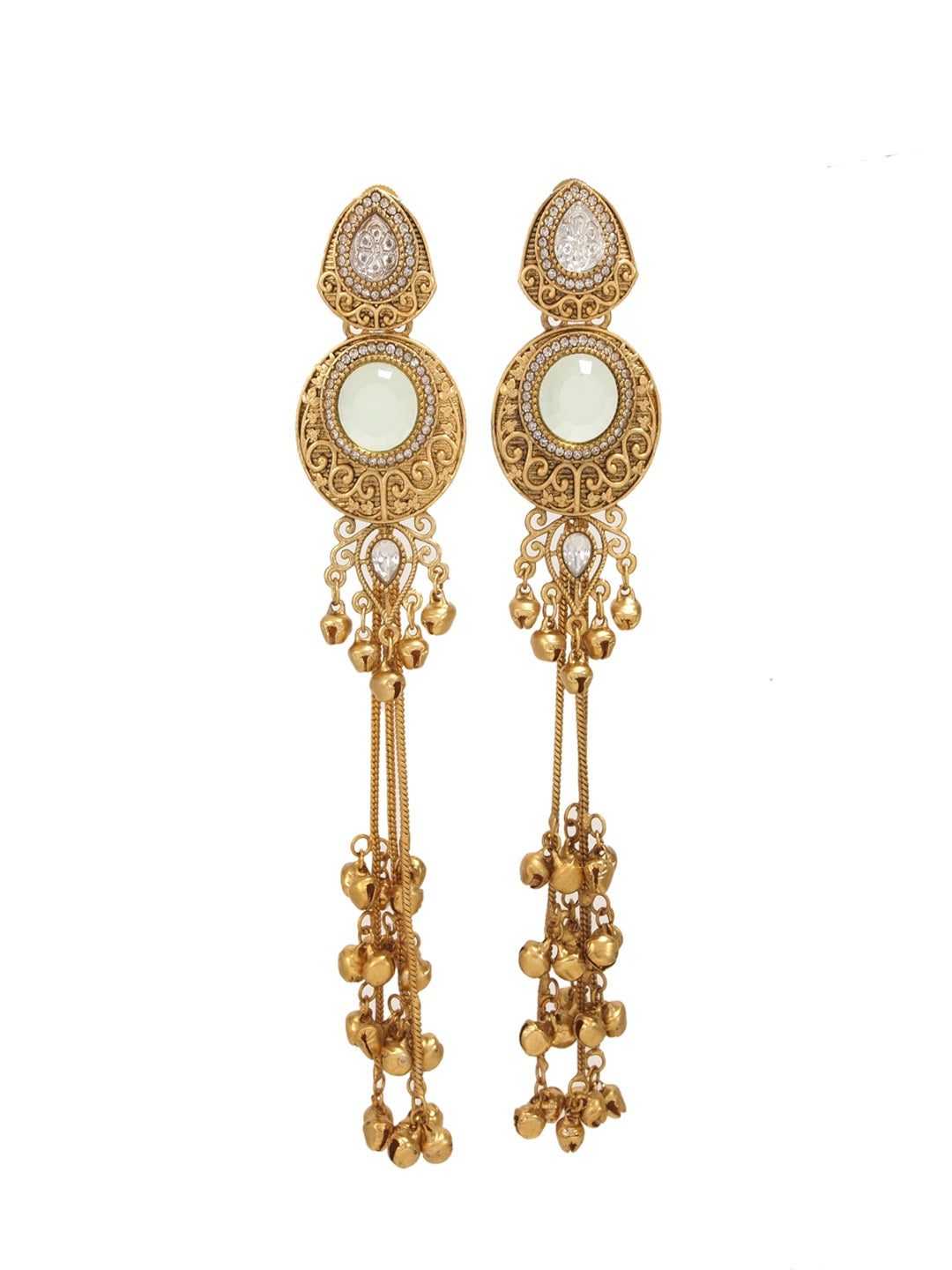 Gold-Plated Kashmiri Drop Long Earrings with Kundan Detailing & Ghungroo Work