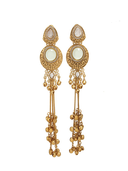Gold-Plated Kashmiri Drop Long Earrings with Kundan Detailing & Ghungroo Work