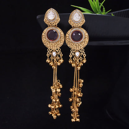Gold-Plated Kashmiri Drop Long Earrings with Kundan Detailing & Ghungroo Work