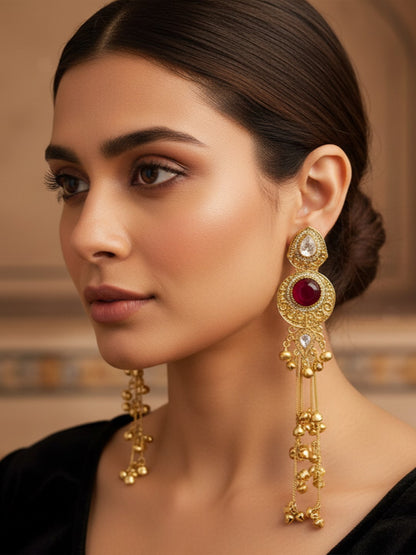 Gold-Plated Kashmiri Drop Long Earrings with Kundan Detailing & Ghungroo Work