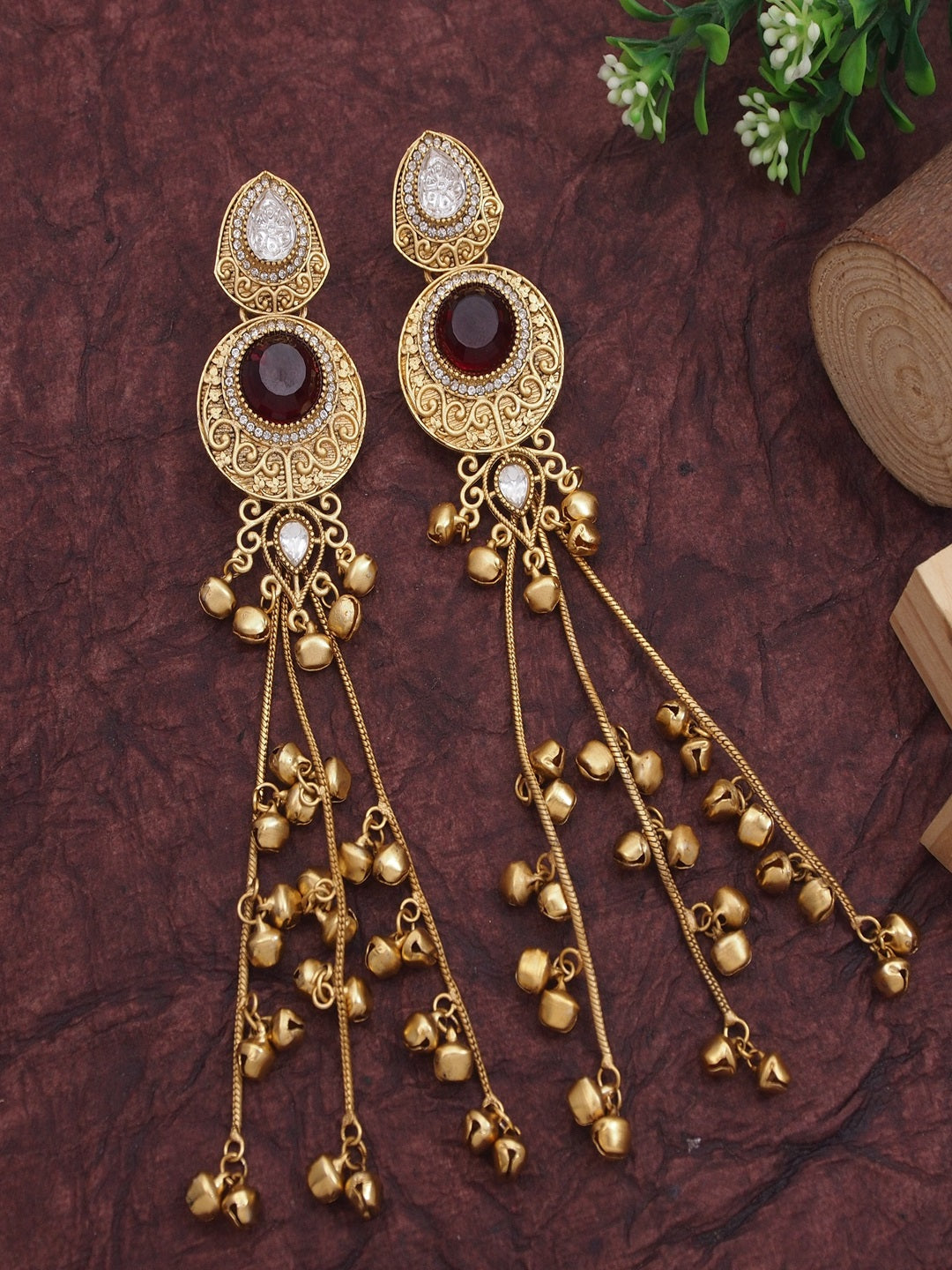Gold-Plated Kashmiri Drop Long Earrings with Kundan Detailing & Ghungroo Work