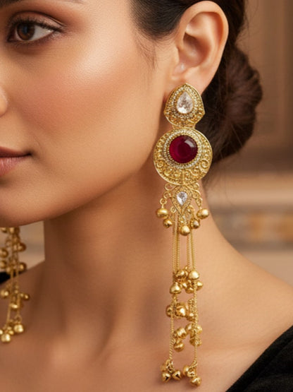 Gold-Plated Kashmiri Drop Long Earrings with Kundan Detailing & Ghungroo Work