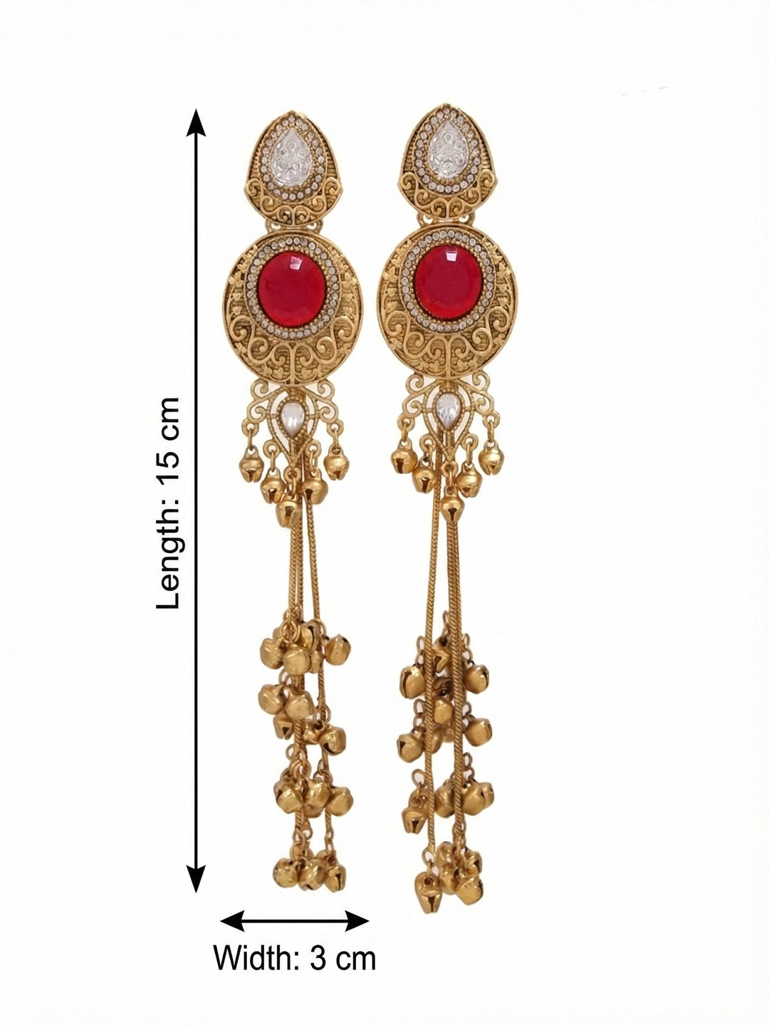 Gold-Plated Kashmiri Drop Long Earrings with Kundan Detailing & Ghungroo Work
