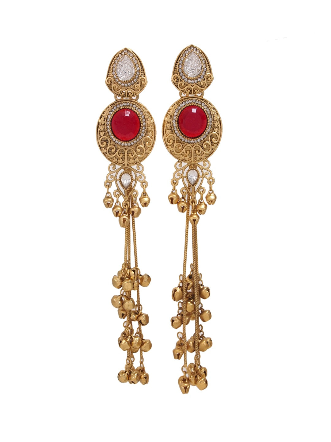 Gold-Plated Kashmiri Drop Long Earrings with Kundan Detailing & Ghungroo Work