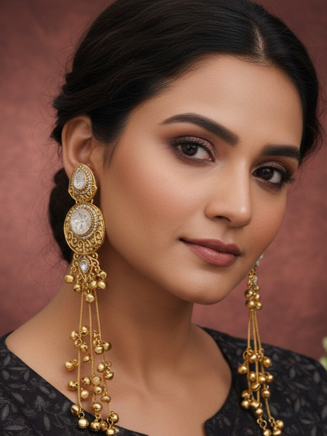 Gold-Plated Kashmiri Drop Long Earrings with Kundan Detailing & Ghungroo Work