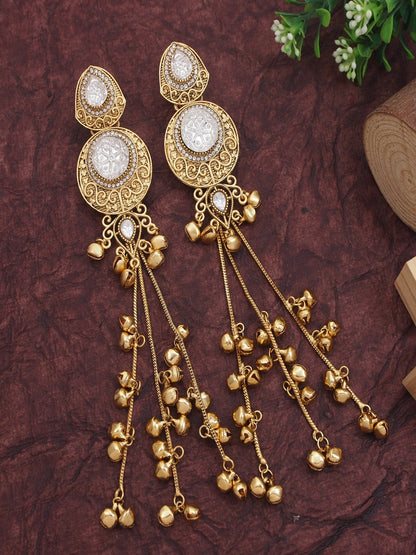 Gold-Plated Kashmiri Drop Long Earrings with Kundan Detailing & Ghungroo Work