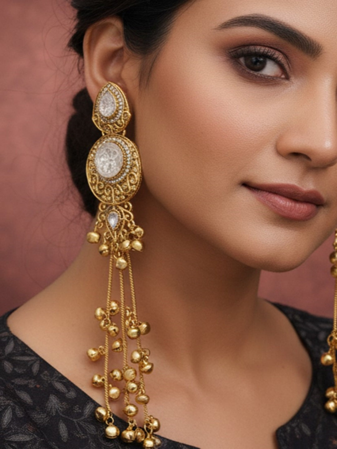 Gold-Plated Kashmiri Drop Long Earrings with Kundan Detailing & Ghungroo Work