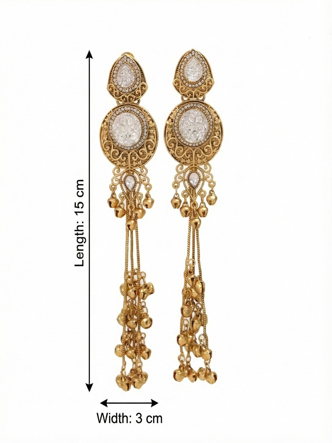 Gold-Plated Kashmiri Drop Long Earrings with Kundan Detailing & Ghungroo Work