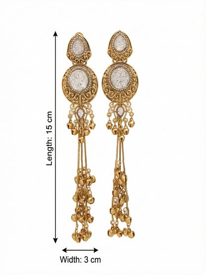 Gold-Plated Kashmiri Drop Long Earrings with Kundan Detailing & Ghungroo Work