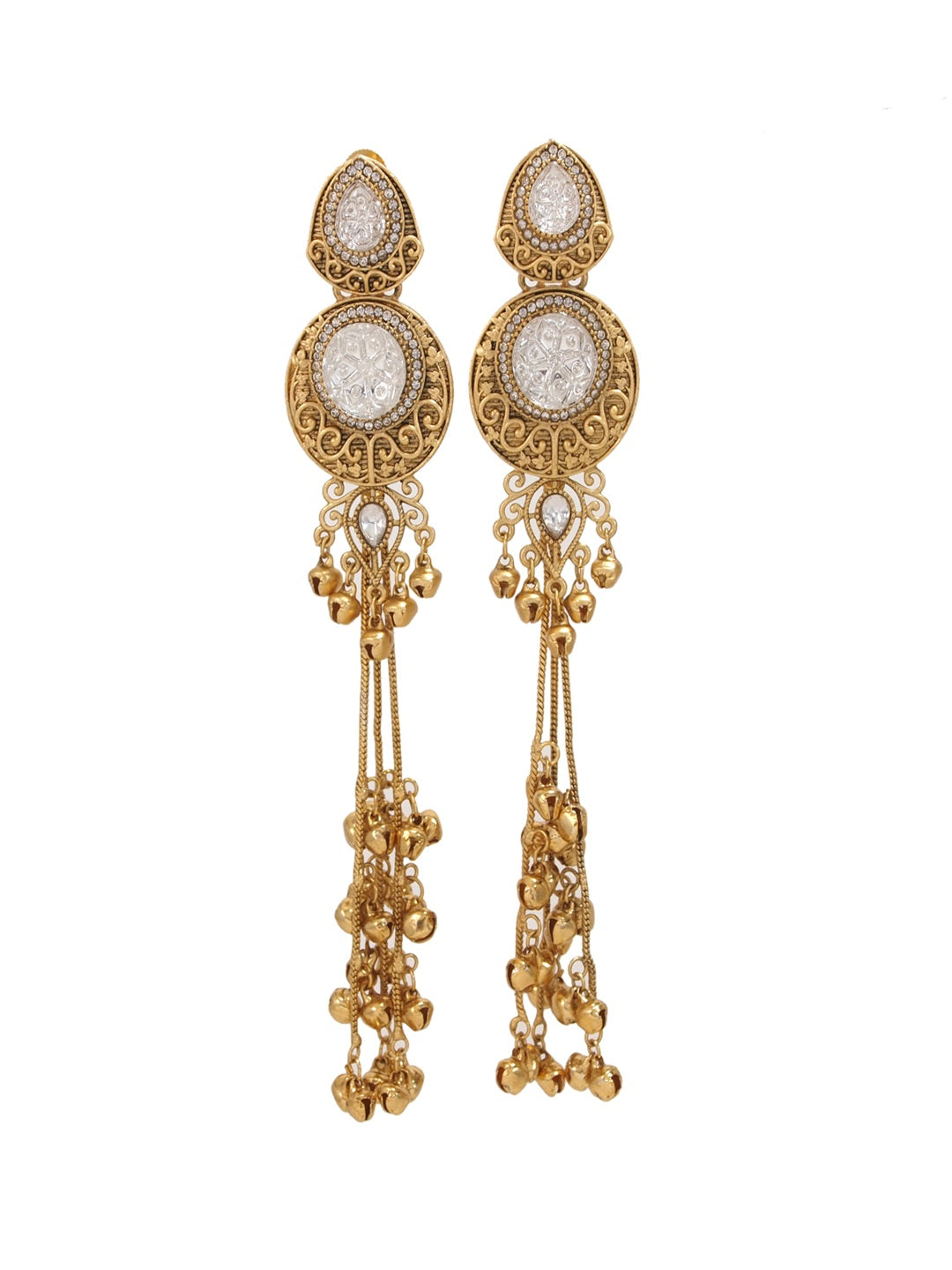 Gold-Plated Kashmiri Drop Long Earrings with Kundan Detailing & Ghungroo Work