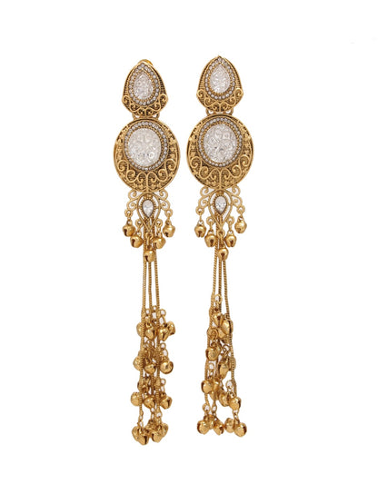 Gold-Plated Kashmiri Drop Long Earrings with Kundan Detailing & Ghungroo Work