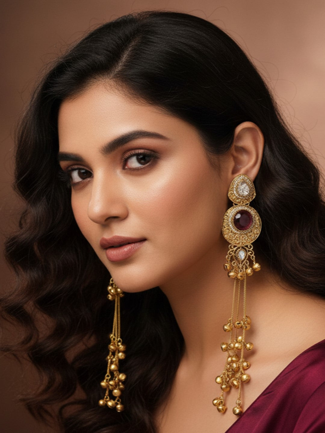 Gold-Plated Kashmiri Drop Long Earrings with Kundan Detailing & Ghungroo Work