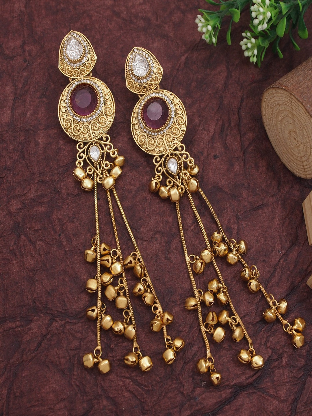 Gold-Plated Kashmiri Drop Long Earrings with Kundan Detailing & Ghungroo Work