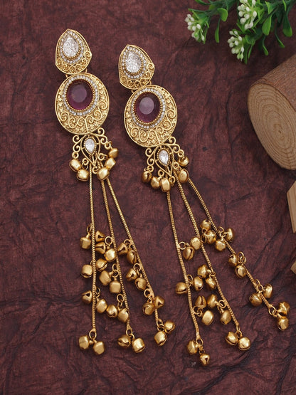Gold-Plated Kashmiri Drop Long Earrings with Kundan Detailing & Ghungroo Work