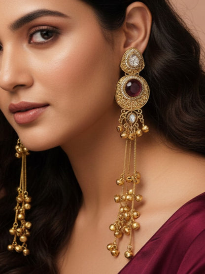 Gold-Plated Kashmiri Drop Long Earrings with Kundan Detailing & Ghungroo Work