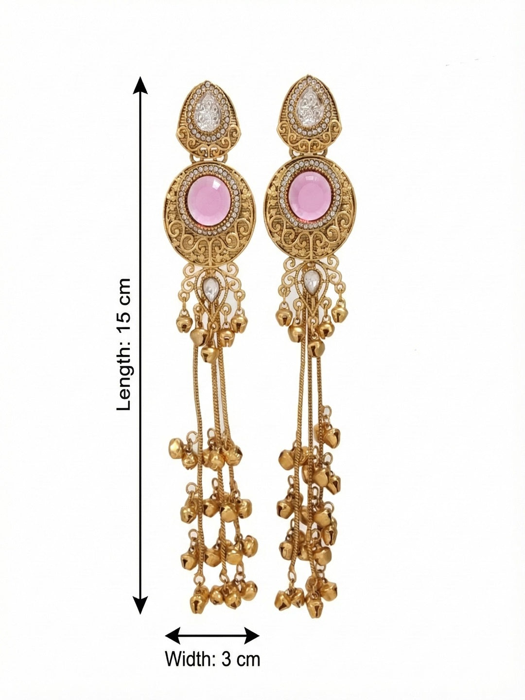Gold-Plated Kashmiri Drop Long Earrings with Kundan Detailing & Ghungroo Work
