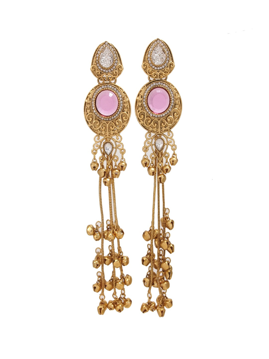Gold-Plated Kashmiri Drop Long Earrings with Kundan Detailing & Ghungroo Work