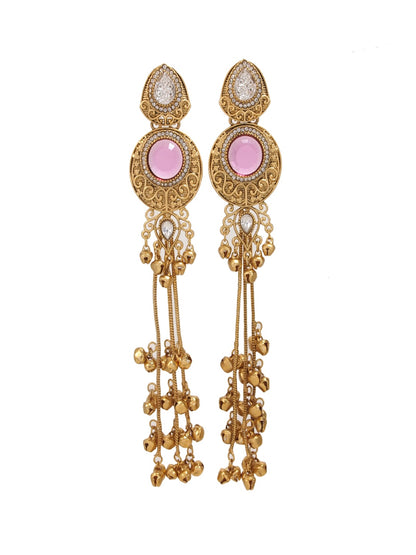 Gold-Plated Kashmiri Drop Long Earrings with Kundan Detailing & Ghungroo Work