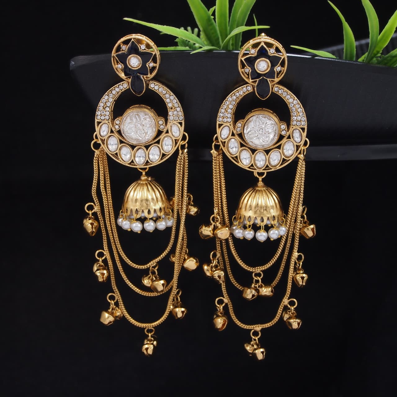 Royal Kashmiri Inspired Gold-Plated Earrings with Kundan and Ghungroo Drops