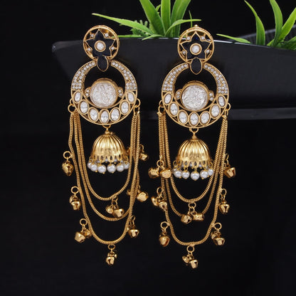 Royal Kashmiri Inspired Gold-Plated Earrings with Kundan and Ghungroo Drops