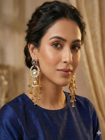 Royal Kashmiri Inspired Gold-Plated Earrings with Kundan and Ghungroo Drops