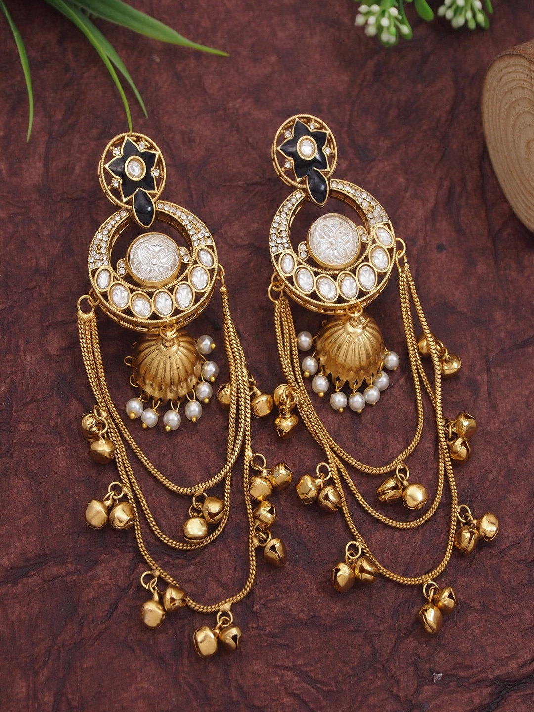 Royal Kashmiri Inspired Gold-Plated Earrings with Kundan and Ghungroo Drops