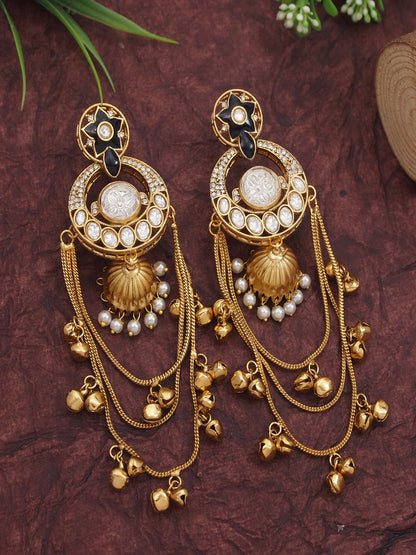 Royal Kashmiri Inspired Gold-Plated Earrings with Kundan and Ghungroo Drops