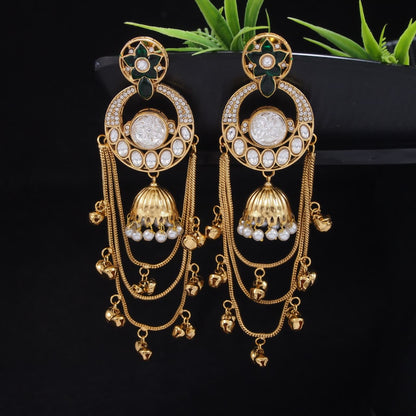 Royal Kashmiri Inspired Gold-Plated Earrings with Kundan and Ghungroo Drops