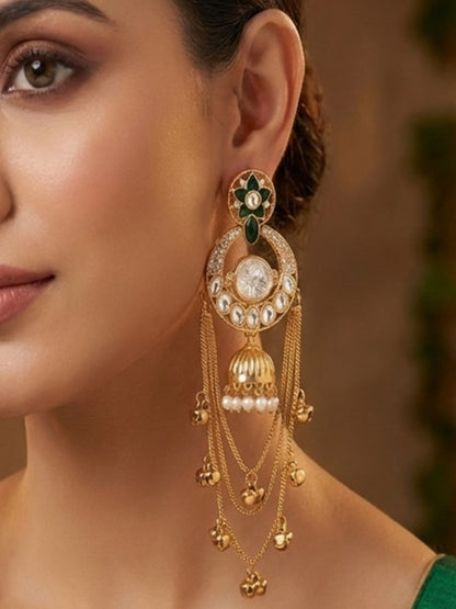 Royal Kashmiri Inspired Gold-Plated Earrings with Kundan and Ghungroo Drops