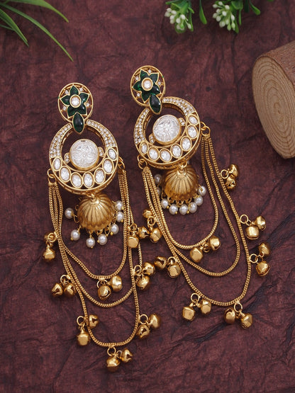 Royal Kashmiri Inspired Gold-Plated Earrings with Kundan and Ghungroo Drops