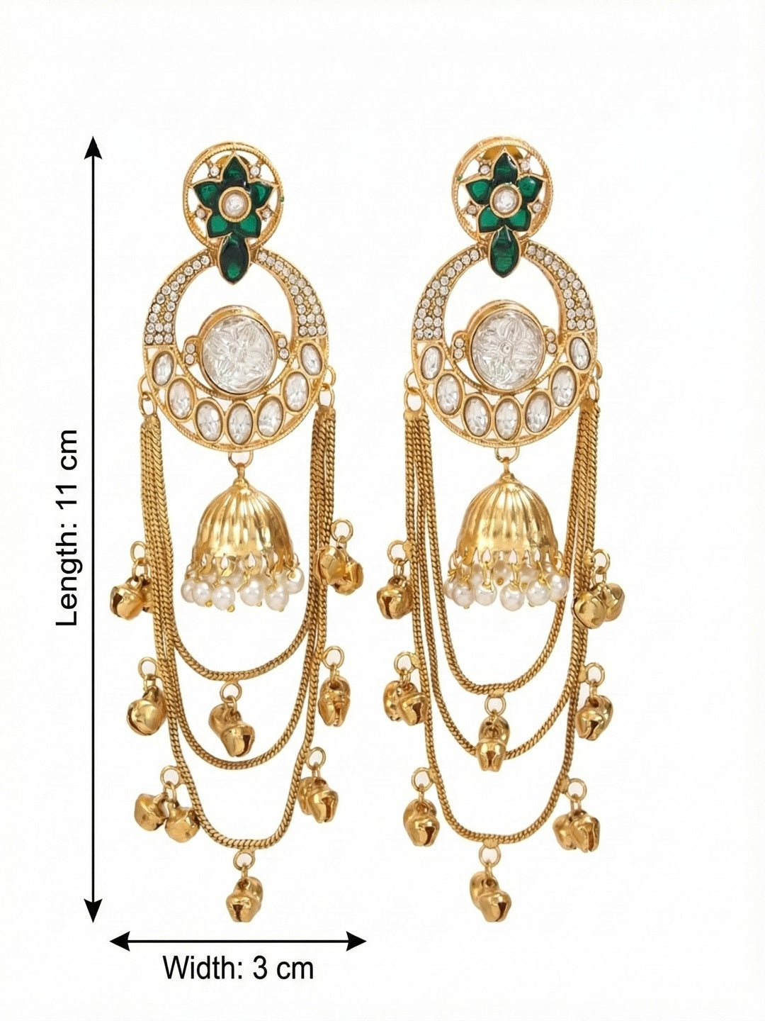 Royal Kashmiri Inspired Gold-Plated Earrings with Kundan and Ghungroo Drops
