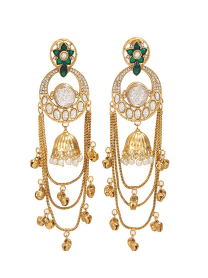 Royal Kashmiri Inspired Gold-Plated Earrings with Kundan and Ghungroo Drops