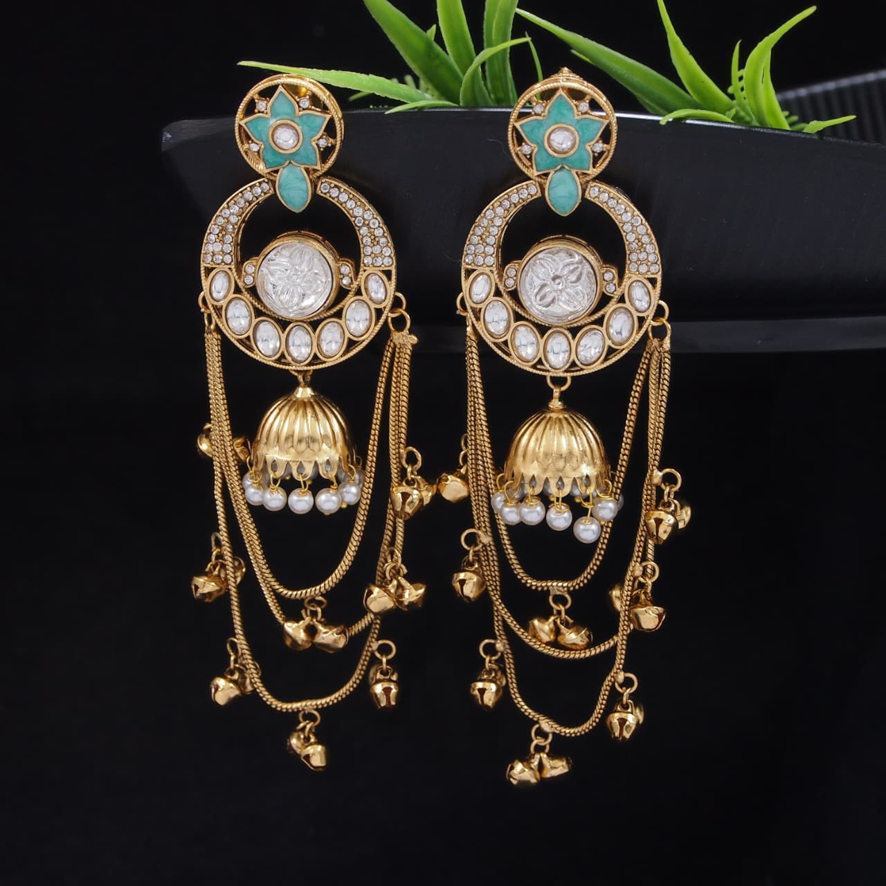 Royal Kashmiri Inspired Gold-Plated Earrings with Kundan and Ghungroo Drops