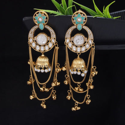 Royal Kashmiri Inspired Gold-Plated Earrings with Kundan and Ghungroo Drops