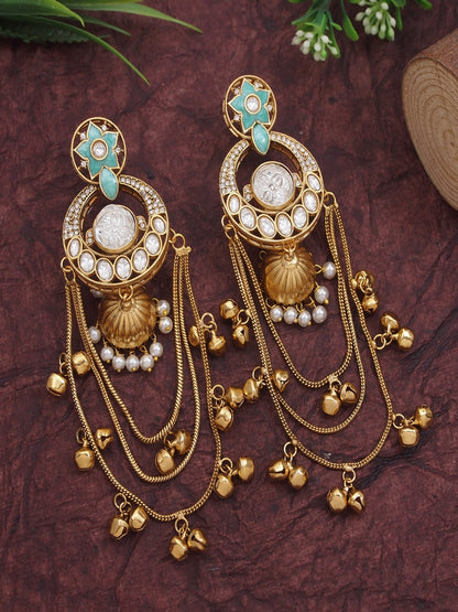 Royal Kashmiri Inspired Gold-Plated Earrings with Kundan and Ghungroo Drops