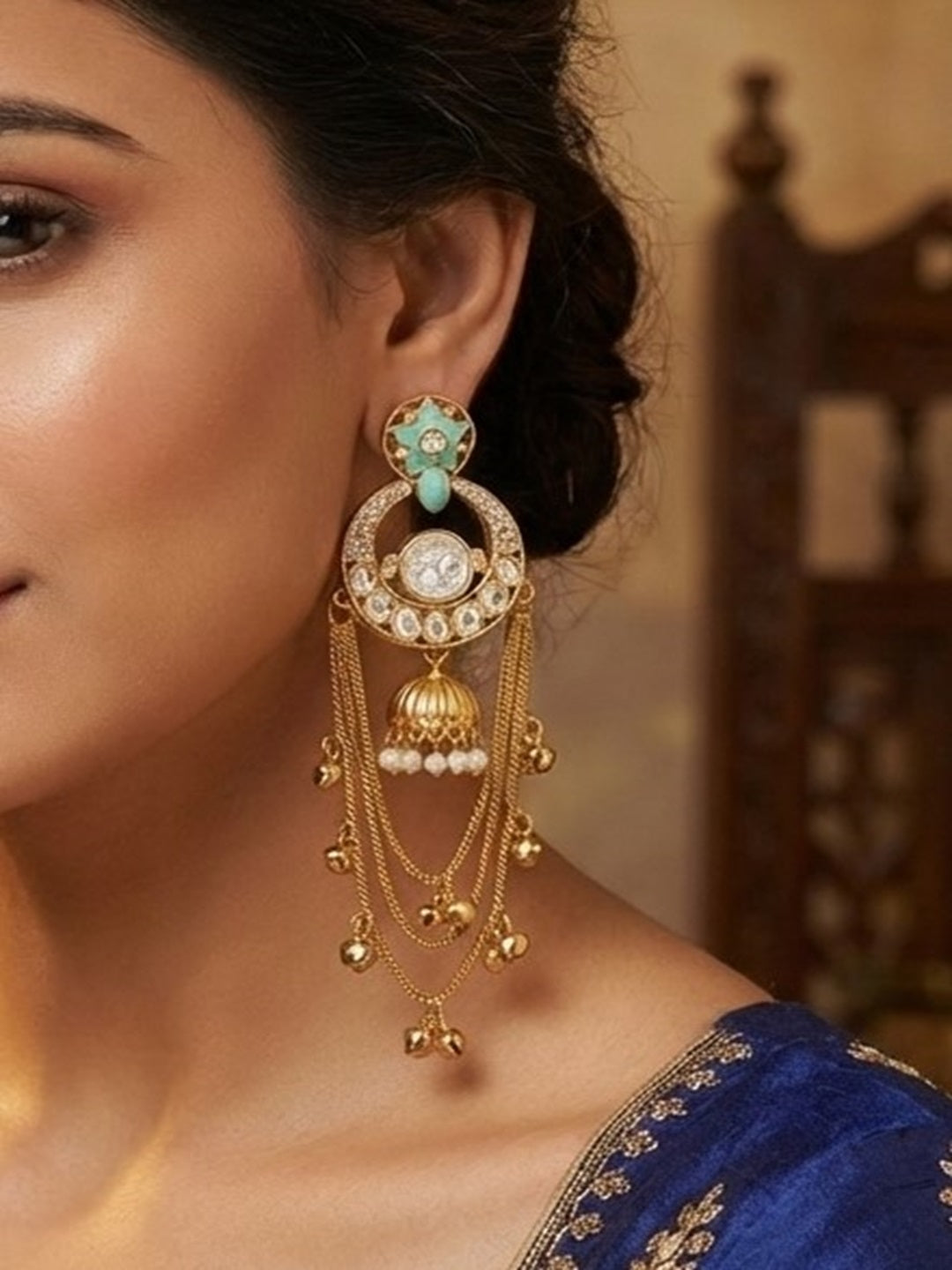 Royal Kashmiri Inspired Gold-Plated Earrings with Kundan and Ghungroo Drops